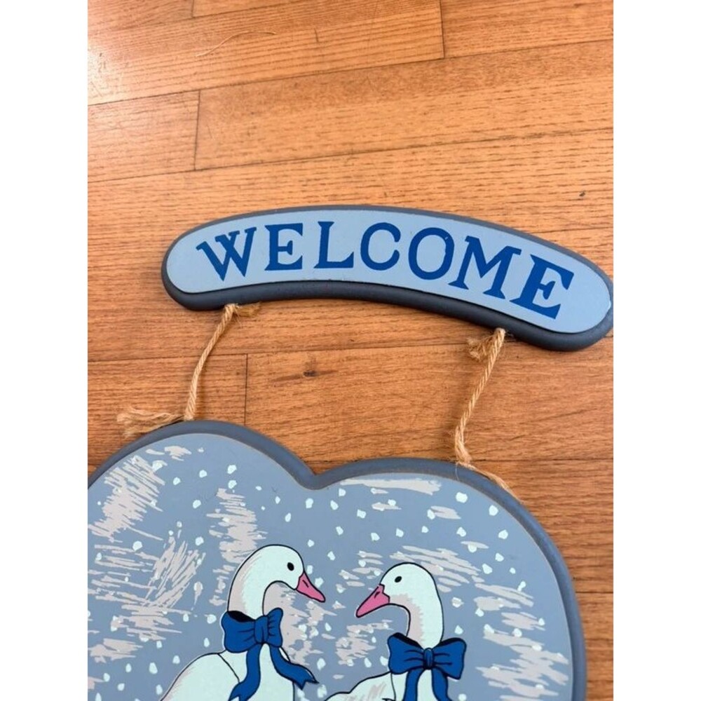 Vintage 80s Country Blue Geese Welcome Sign Heart Hanging Wall Decor Cottagecore - Picture 4 of 5